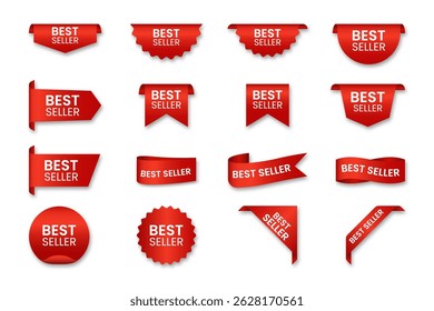 Best Seller Labels and Ribbons Set – Red Promotional Badge Vector Collection