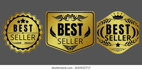Best Seller logo with Gold hologram background. Round jagged shapes, pentagons, hexagons combined with crowns, stars, wings and other decorative elements. Gold Holographic Vector Illustration