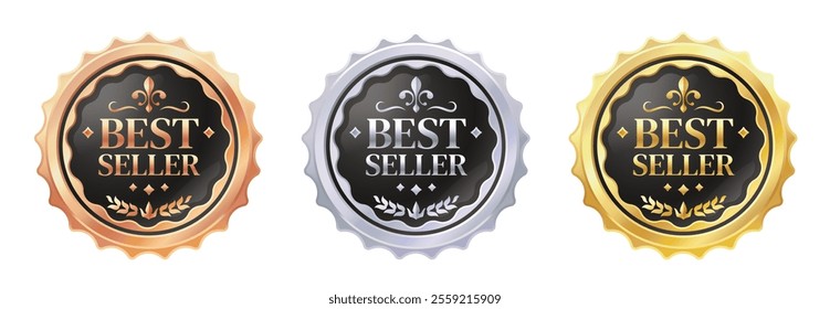 Best seller luxury label. Premium quality badges and stickers with gold, silver and bronze medals. Retro elegant round frame for packaging design vector set.