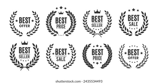 Best seller, offer and price icon set. Badges with wreath for sale. Template for award, emblem, quality mark and certificate. Vector EPS10