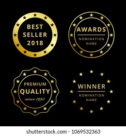 Best seller or price 2018, 2019 greetings. Film awards logotype collection. Set of isolated elegant abstract gold gradient symbols. Luxurious winning congratulating template, first place or discount.