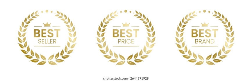 Best Seller, Best Price, Best Brand Set Vector Illustration. In A Realistic Gold with Laurel Wreath. Isolated on white
