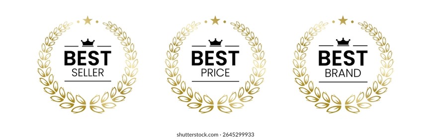 Best Seller, Best Price, Best Brand Set Vector Illustration. In A Realistic Gold with Laurel Wreath. Isolated on white