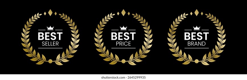 Best Seller, Best Price, Best Brand Set Vector Illustration. In A Realistic Gold with Laurel Wreath. Isolated on black