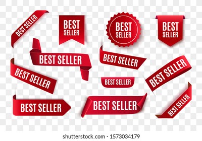 Best seller red ribbon isolated. Vector 3d labels.