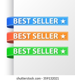 Best seller ribbons set. Blue, orange and green colors. Vector illustration.