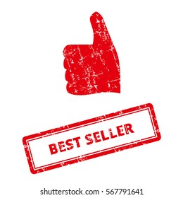 Best Seller Rubber Stamp with red thumbs up icon. Grungy look. Isolated on white Background.