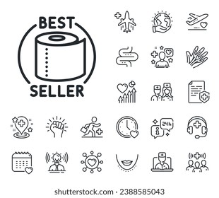 Best seller sign. Online doctor, patient and medicine outline icons. Toilet paper tissue roll line icon. Coronavirus shopping panic symbol. Toilet paper line sign. Vector