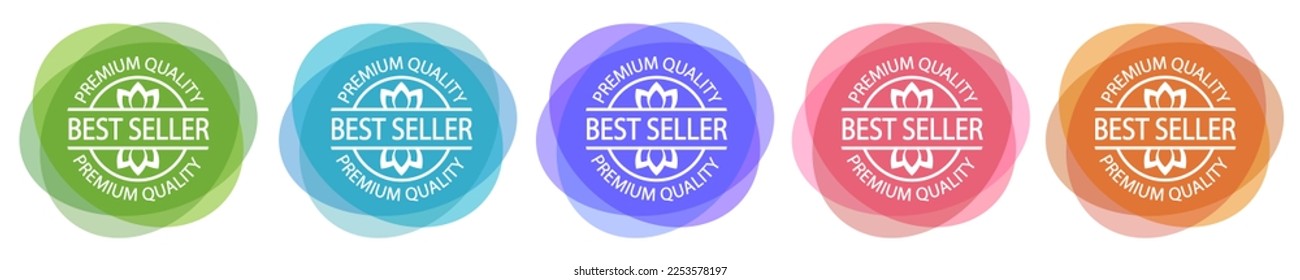 Best seller stamp. Set of round logos. Product quality label. Bestseller print. Top seller. Red, blue, purple, orange and green icons.