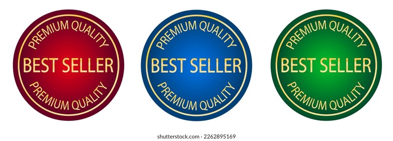 Best seller stamp. Set of round logos. Product quality label. Bestseller print. Top seller. Red, blue and green icons.