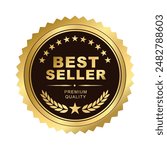 Best seller sticker label, gold black badge shiny Stars and laurel wreath Decoration vector isolated Premium Quality text product, for use to book cover label or your product the Best