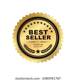 Best seller sticker label, gold badge with Stars and Golden laurel wreath Decoration ,Premium Quality text product, for use to book cover label or your product the Best ,vector isolated on white