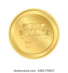 Etiqueta engomada del mejor vendedor, medalla de oro insignia con el producto aislado del texto de la calidad de Premium del Vector de la decoración, para la etiqueta de la cubierta del libro o su producto el mejor, Vector realista del gradiente de oro Eps10