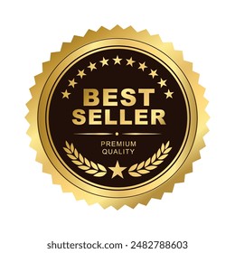 Best seller sticker label, gold black badge shiny Stars and laurel wreath Decoration vector isolated Premium Quality text product, for use to book cover label or your product the Best