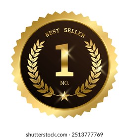 Best seller sticker label , No. 1 gold badge with laurel wreath Rounded Circle Serrated Edge Decoration vector isolated for Premium Quality product, book cover label or your the Best selling product