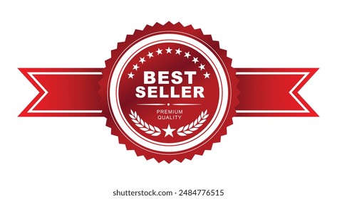 Best seller sticker label, red badge and Horizontal ribbon with Stars and laurel wreath Decoration vector isolated with Premium Quality product, book cover , Premium goods , or your website ready to