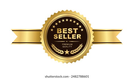 Best seller sticker label with ribbon, gold badge and gold ribbon with Stars and laurel wreath Decoration vector isolated Premium Quality text product, for book cover label or your product the Best