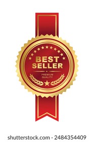 Best seller sticker label with ribon, gold and red badge and red ribbon with Stars and laurel wreath Decoration vector isolated Premium Quality text product, book cover label or your product the Best