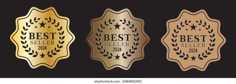 Best seller sticker label set with gold medal and red ribbon isolated fit for mark best seller product, book cover label.