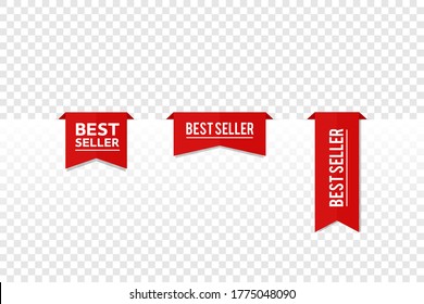 Best seller tags, vector red labels isolated on transparent background. Flat modern banners for advertising. Stock illustration