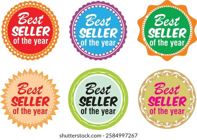 Best seller of the year badges set in multiple style. Ideal for sale offer posts on social, electronic and print media. Grunge Round Signs. Editable for color and size, EPS 10.