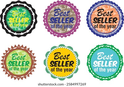 Best seller of the year badges set in multiple style. Ideal for sale offer posts on social, electronic and print media. Grunge Round Signs. Editable for color and size, EPS 10.