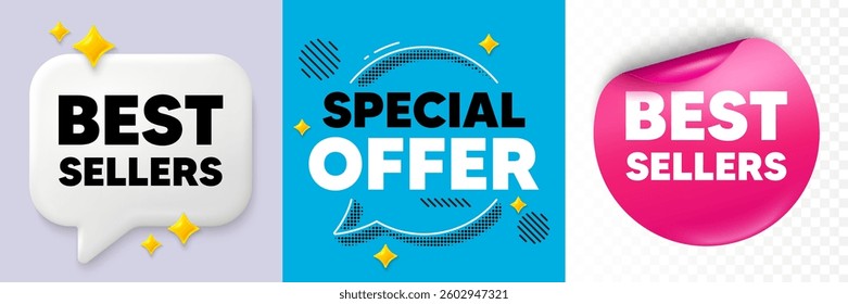 Best sellers speech bubble. 3d sparkles chat, Paper sticker. Best sellers tag. Special offer price sign. Advertising discounts symbol. Special offer bubble. Halftone dots pattern. Vector