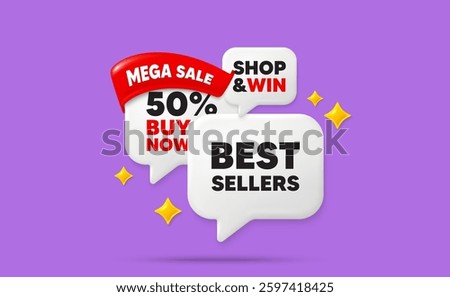 Best sellers speech bubbles. Mega sale flag ribbon. Best sellers tag. Special offer price sign. Advertising discounts symbol. Discount chat bubbles with 3d sparkles. Vector