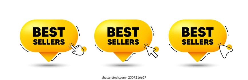 Best sellers tag. Click here buttons. Special offer price sign. Advertising discounts symbol. Best sellers speech bubble chat message. Talk box infographics. Vector