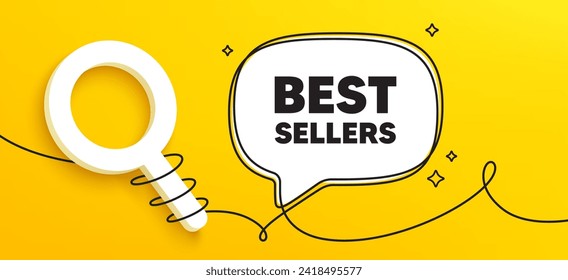 Best sellers tag. Continuous line chat banner. Special offer price sign. Advertising discounts symbol. Best sellers speech bubble message. Wrapped 3d search icon. Vector