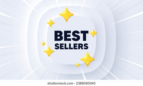 Best sellers tag. Neumorphic banner with sunburst. Special offer price sign. Advertising discounts symbol. Best sellers message. Banner with 3d stars. Circular neumorphic template. Vector