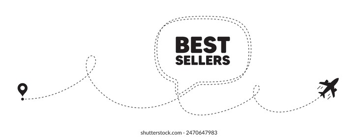 Best sellers tag. Plane travel path line banner. Special offer price sign. Advertising discounts symbol. Best sellers speech bubble message. Plane location route. Dashed line. Vector