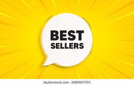 Etiqueta de los más vendidos. Anuncio de burbuja de habla. Oferta especial Precio de señal. Símbolo de descuentos publicitarios. Mensaje de voz de chat más vendido. Fondo amarillo del estallido del sol. Vector
