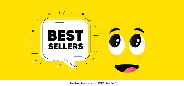 Best sellers text. Cartoon face chat bubble background. Special offer price sign. Advertising discounts symbol. Best sellers chat message. Character smile face background. Vector