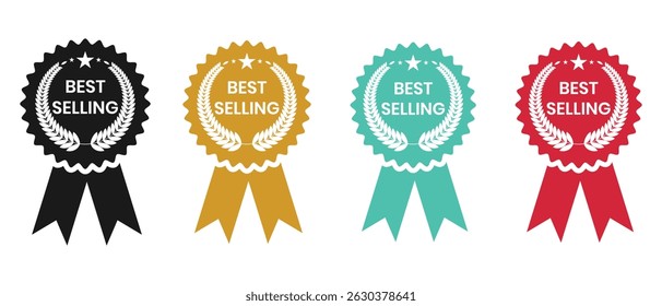 Best selling badge icon vector. Best selling tags, seal tag, Best selling stamp with ribbon, Top badge, vector, award design, round stamp, sticker with ribbon, logo,  label. Vector illustration.