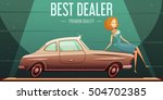 Best selling vintage cars dealer premium service low prices retro advertisement poster with girl cartoon vector illustration 