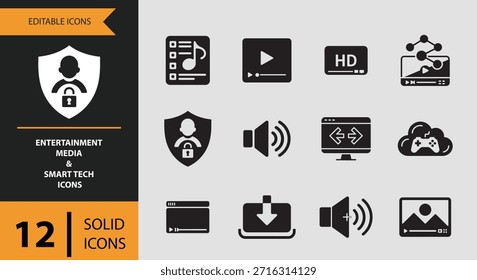 VIDEO BEST SEO iconos sólidos de medios de entretenimiento establecidos para la música reproducción de medios de comunicación Descargas para compartir tecnología inteligente y sistemas de entretenimiento digital