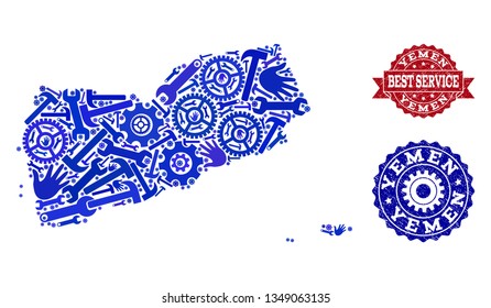 Best service collage of blue mosaic map of Yemen and textured seal stamps. Mosaic map of Yemen designed with gearwheels,cogwheels, wrenches, hands. Vector imprints with distress rubber texture.
