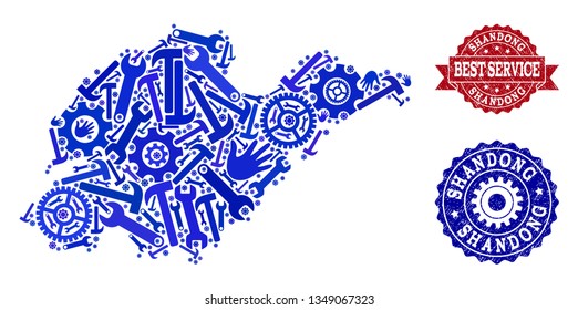 Best service collage of blue mosaic map of Shandong Province and rubber seal stamps. Mosaic map of Shandong Province constructed with gearwheels,cogwheels, wrenches, hands.