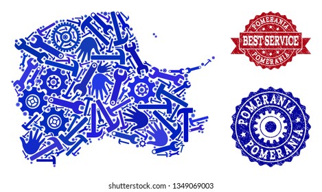 Best service collage of blue mosaic map of Pomerania Province and rubber stamps. Mosaic map of Pomerania Province constructed with cogs, wrenches, hands. Vector seals with unclean rubber texture.