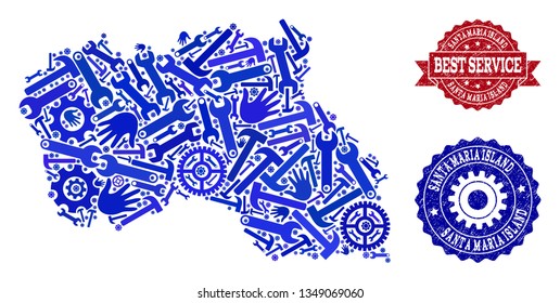 Best service collage of blue mosaic map of Santa Maria Island and grunge seals. Mosaic map of Santa Maria Island designed with gears, spanners, hands. Vector seals with retro rubber texture.