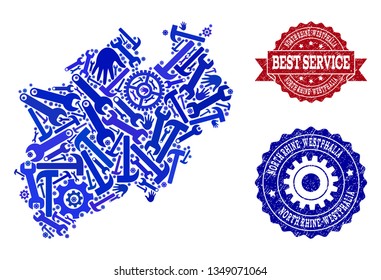 Best service collage of blue mosaic map of North Rhine-Westphalia State and scratched seals. Mosaic map of North Rhine-Westphalia State constructed with cogs, wrenches, hands.