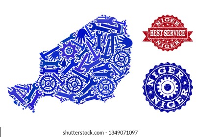 Best service collage of blue mosaic map of Niger and rubber seals. Mosaic map of Niger designed with cogs, spanners, hands. Vector seals with unclean rubber texture. Flat design for factory purposes.