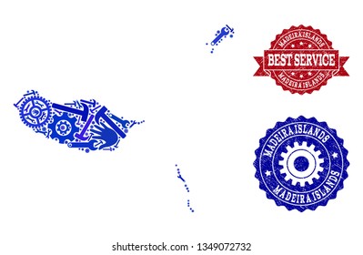 Best service collage of blue mosaic map of Madeira Islands and grunge seals. Mosaic map of Madeira Islands designed with cogs, wrenches, hands. Vector seals with grunge rubber texture.