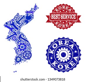 Best service collage of blue mosaic map of Korea and rubber stamps. Mosaic map of Korea designed with gearwheels,cogwheels, wrenches, hands. Vector watermarks with unclean rubber texture.