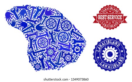 Best service collage of blue mosaic map of Lanai Island and scratched stamps. Mosaic map of Lanai Island designed with cogs, wrenches, hands. Vector imprints with corroded rubber texture.