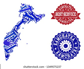 Best service collage of blue mosaic map of Kamchatka Peninsula and rubber seals. Mosaic map of Kamchatka Peninsula designed with gearwheels,cogwheels, spanners, hands.