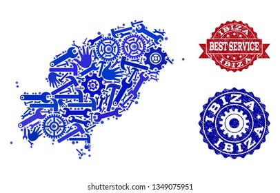 Best service collage of blue mosaic map of Ibiza Island and scratched seals. Mosaic map of Ibiza Island designed with gears, spanners, hands. Vector imprints with grunge rubber texture.