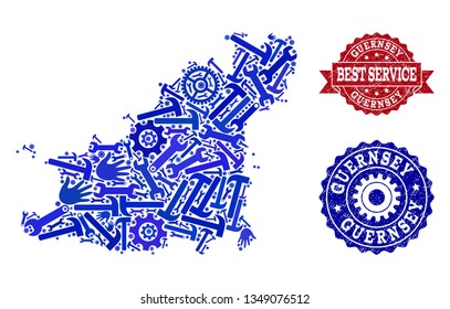 Best service collage of blue mosaic map of Guernsey Island and dirty seals. Mosaic map of Guernsey Island constructed with gears, wrenches, hands. Vector seals with unclean rubber texture.