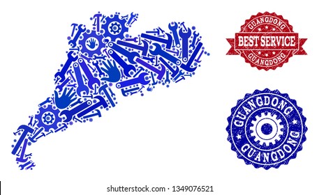 Best service collage of blue mosaic map of Guangdong Province and rubber seals. Mosaic map of Guangdong Province designed with cogs, spanners, hands. Vector seals with retro rubber texture.